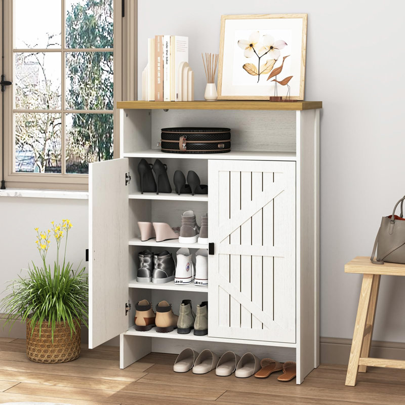 Shoe Cabinet For Entryway,5 Tier Narrow Shoe Storage Cabinet With 2 Door And Open Shelf,freestanding Shoe Rack Organizer With Tree-shaped Door Design For Hallway