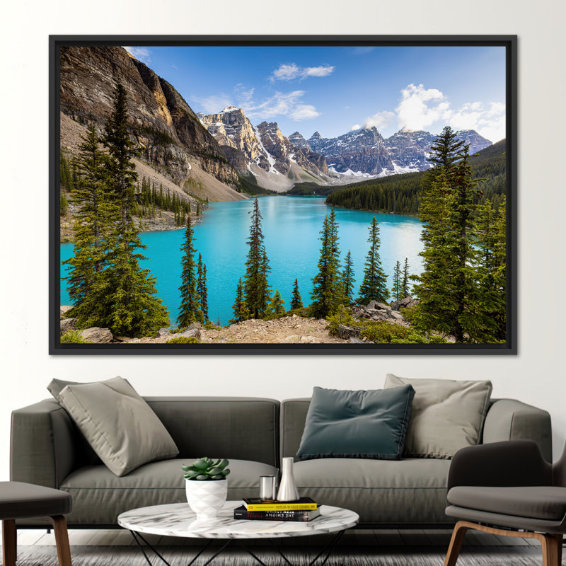 Moraine Lake in Banff Alberta Canada Landscape Wall Art Printed on Canvas, 41" H x 94" W, Black, Framed Print without Mat