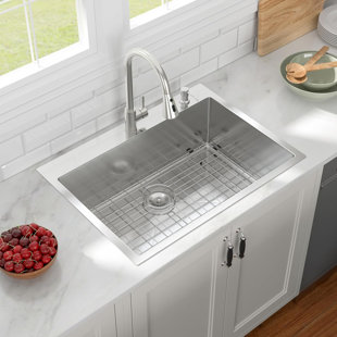 Drop In Kitchen Sink with Faucet Combo Sink with Ledge & Pull-Out Faucet Single Bowl 16 Gauge T304 Stainless Steel Handmade Modern Deep Kitchen Sink (Brush Nickle, 28x22)