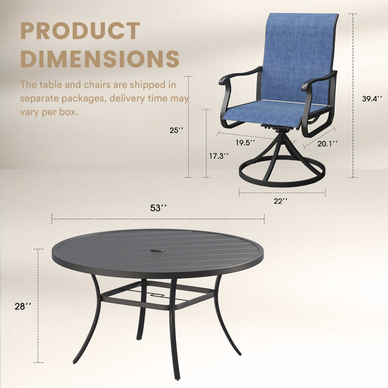 Ensemble repas d'extérieur pour 6 personnes avec chaise pivotante, Noir / Bleu
