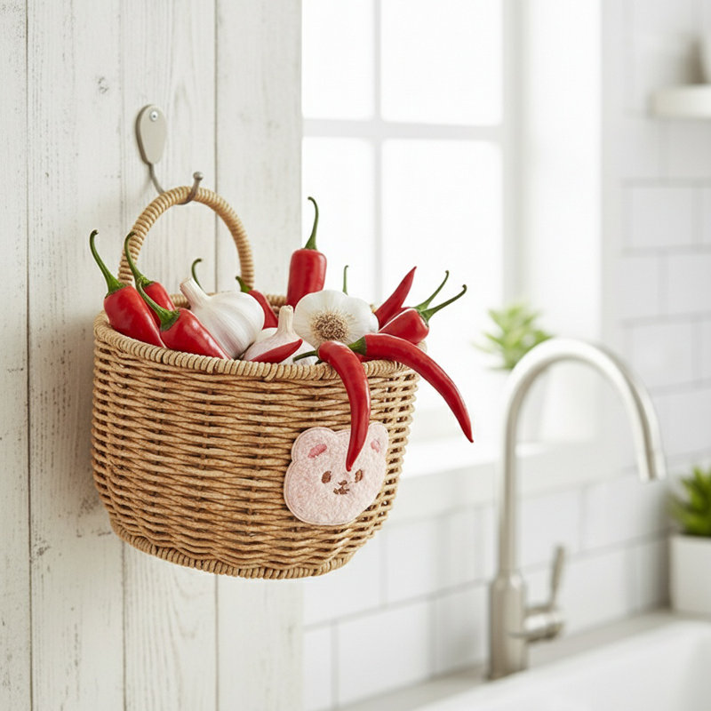 Natural Imitation Rattan Hanging Fruit Basket Retro Farmhouse Wall Hanging Basket, Handcrafted Imitation Rattan Woven Organizer For Fruit & Home Decor