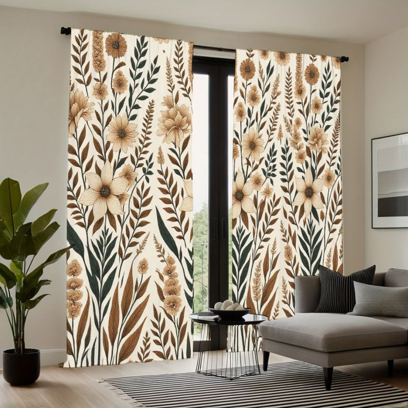 2Pcs Rustic Floral Curtains, Beige Cream Brown Botanical Design, Rod Pocket Light Filtering, Vintage Farmhouse Style, All-Season For Living Room Bedroom Window Decor