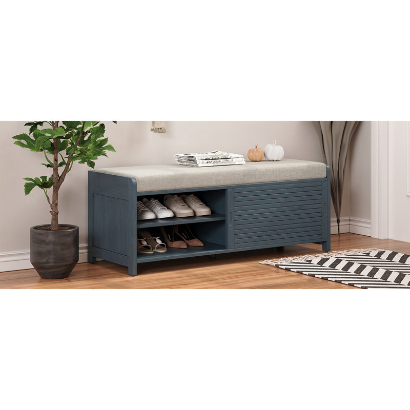 Shoe Bench With Storage And Cushion, Distressed Shutter Storage Bench With Retro Charm For Living Room, Entryway, Navy Blue