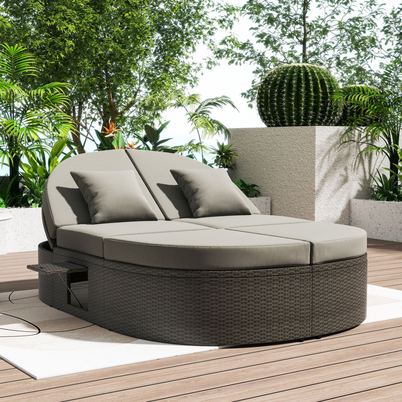 2-Person Rattan Chaise Lounge with Adjustable Backrests and Cushions for Patio or Poolside, Brown, Gray
