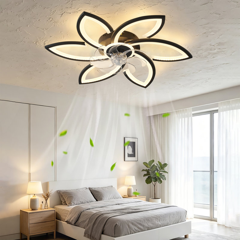 Ventilateur de plafond encastré discret de 30 po à motif floral noir avec télécommande et éclairage