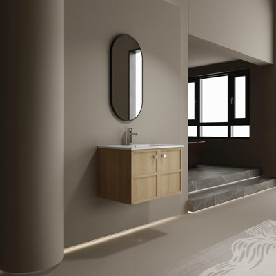 30" Wall-Mounted Bathroom Vanity Whit Ceramic Sink, 2-Soft Closing Door, Plywood