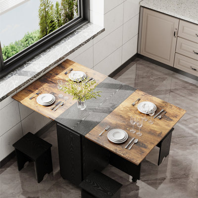Extendable and Foldable Dining Table Set with 4 Stools and Wheels