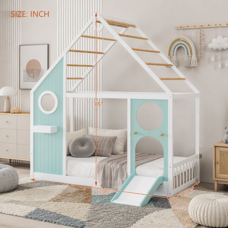 Lit maison avec glissade, bande lumineuse à billes, lit plateforme en bois avec façade, Blue