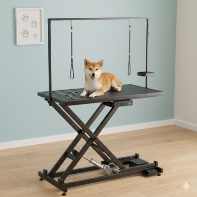 Professional Motorized Dog Grooming Platform - Heavy-Duty Construction, Vertically Adjustable Equipped With Leveling Casters, Grooming Arm, Non-Slip Work Surface, And Tool Organizer, 50 Inch Size In Black