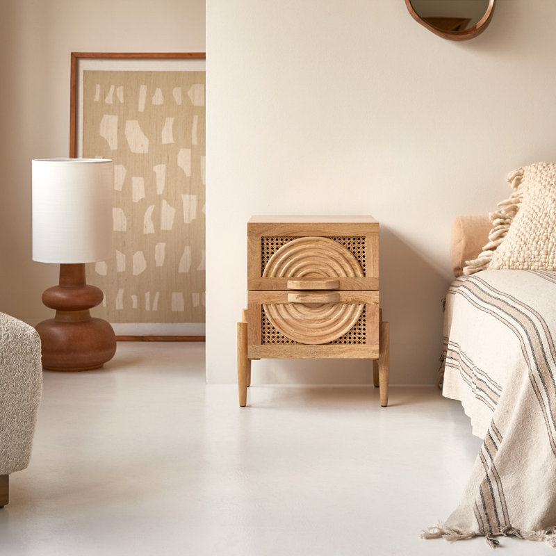 Sina Solid Wood Bedside Table, Beige