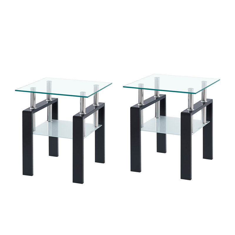 Petite table 2 pièces en verre trempé transparent, table de bout pour le salon, table de canapé