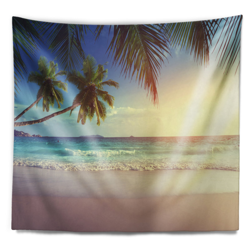 Tapisserie de plage seascape coucher de soleil typique sur les seychelles, H 68 po x l 80 po