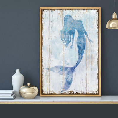 Mermaid "Blue Mermaid On Wood-Effect Panel Artwork, Nautical Coastal Beach Bathroom Wall Pictures, Large Framed Canvas Giclee Print Wall Art"