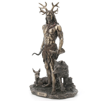 11.81 in H Herne the Hunter with Deer and Wolf Poly Resin