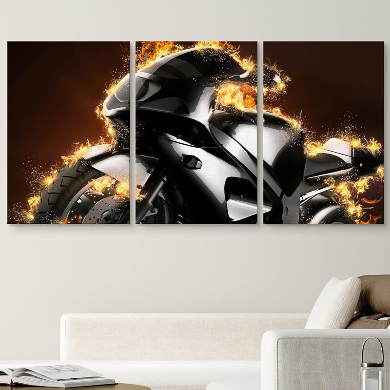 Motocyclette avec effet de flammes transport moderne et industriel Edgy foncé 3 pièces, H 24 po x l 48 po x P 1,5 po