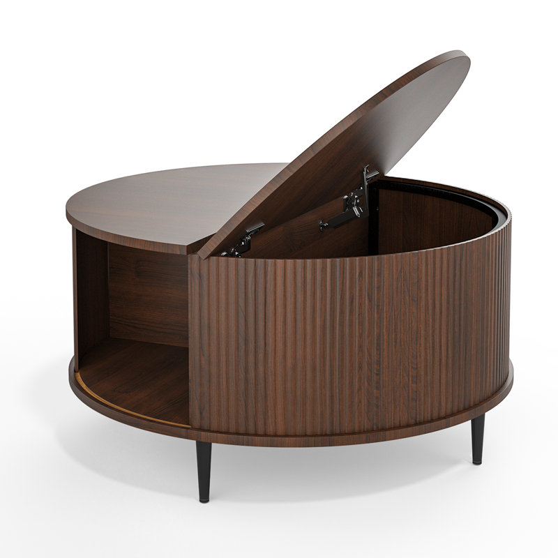 Table basse ronde de 31,5 po avec rangement dissimulé: couvercle rabattable et portes coulissantes, Brun, Brun