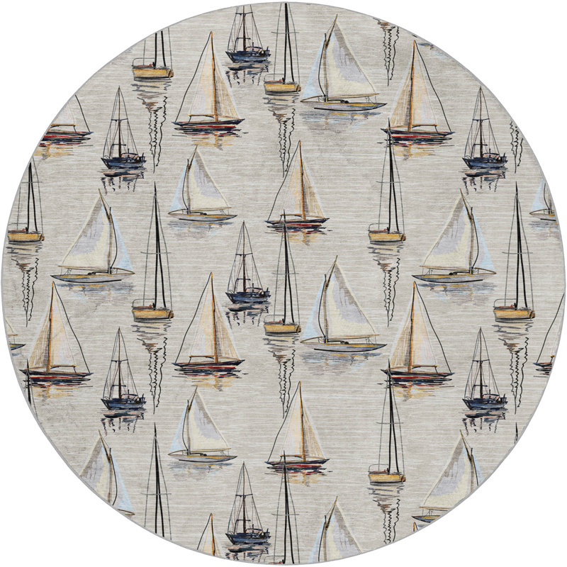 Premium Machine Washable Dream Shag ADS153 Sailboat Rug, Ivory, 8' Round