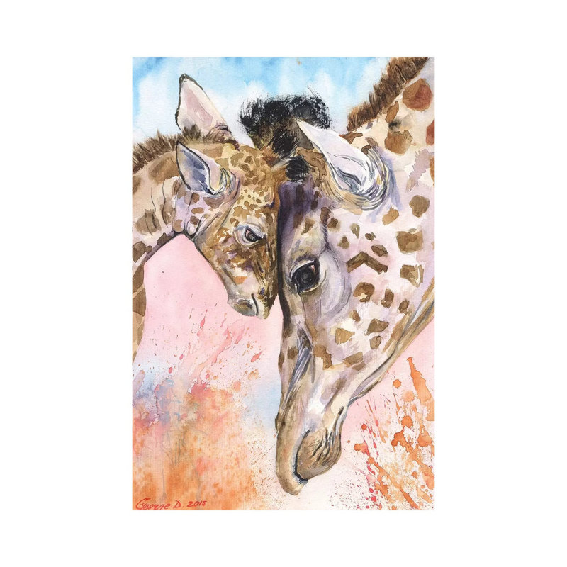Giraffe Family Ii by George Dyachenko - Print on Canvas, Brown Framed, 30.48 cm H x 45.72 cm W