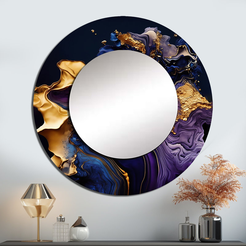 Sholpan abstrait marbre géode mauve I - miroir à encre liquide, miroir mural rond mauve, impression sur métal, 29 po x 29 po