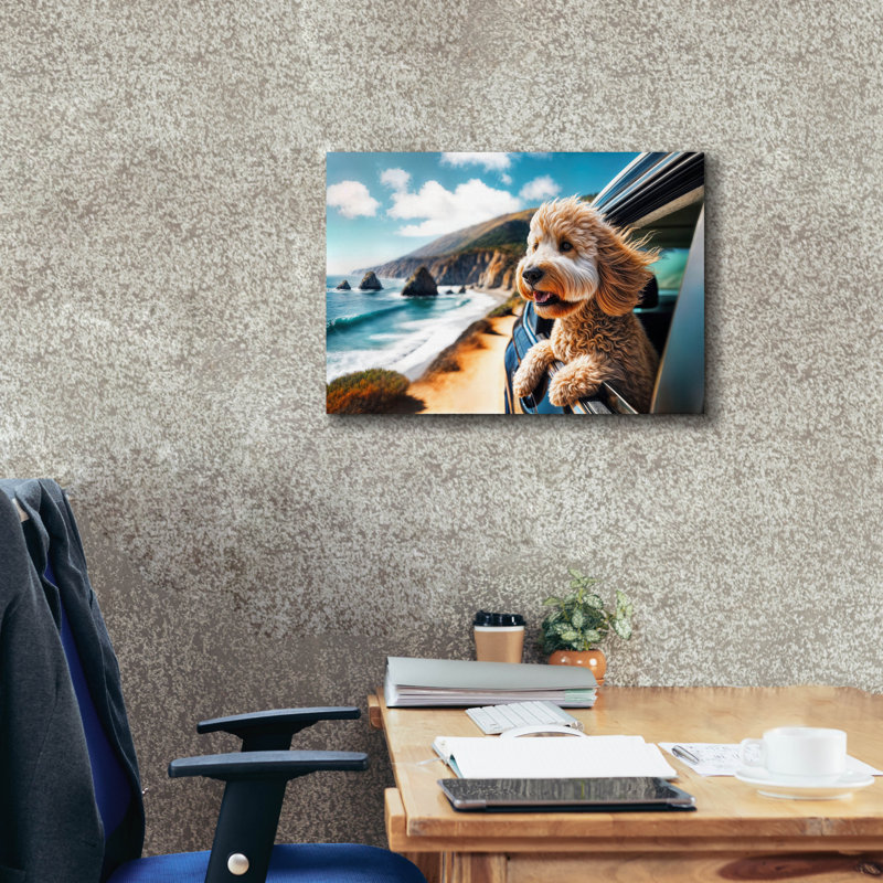 «Dog On Road Trip - Golden Doodle» par Rey Klimt, art mural sur toile, H 18 po x l 26 po x P 0,75 po