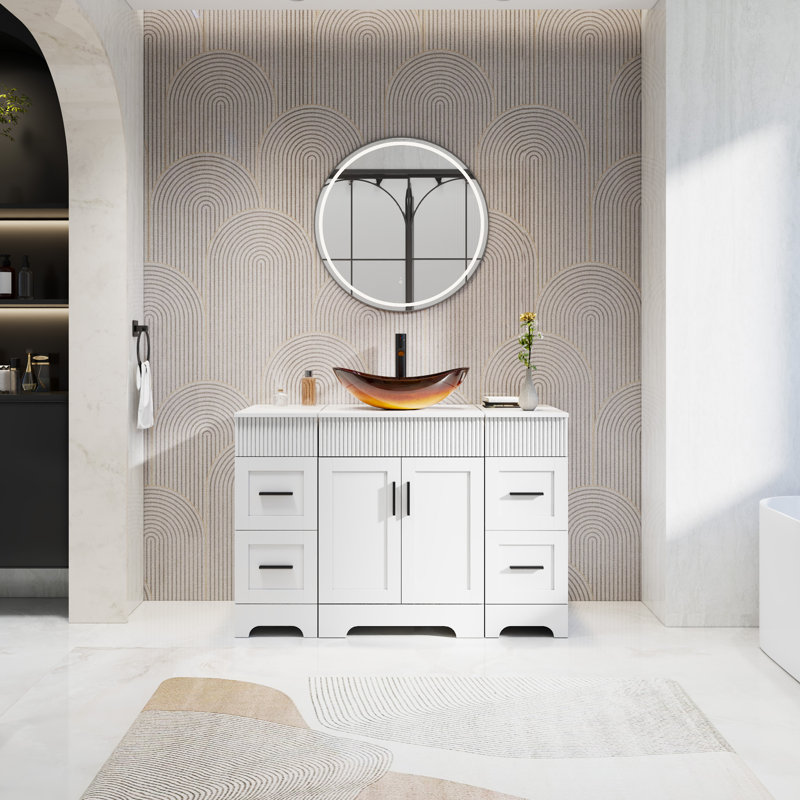 Meuble-lavabo simple 48 po avec lavabo vasque Akron, plateau en bois manufacturé, peinture résistante à l'eau, Blanc, Blanc