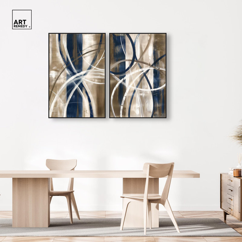 Ensemble de toiles « Abstract Blue Circles » – Ensemble de décorations murales modernes par Art Remedy, cadre noir, 10 x 15
