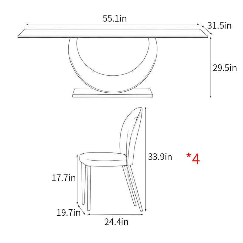 Italian style modern rectangular dining table sets, 29.5"H x 55.1"L x 31.5"W