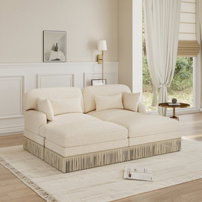 69.2" Modern Loveseat Sofa, Chenille Leopard Printing, Delicate Tassel Edge, 2 Movable Ottomans, Beige Coffee