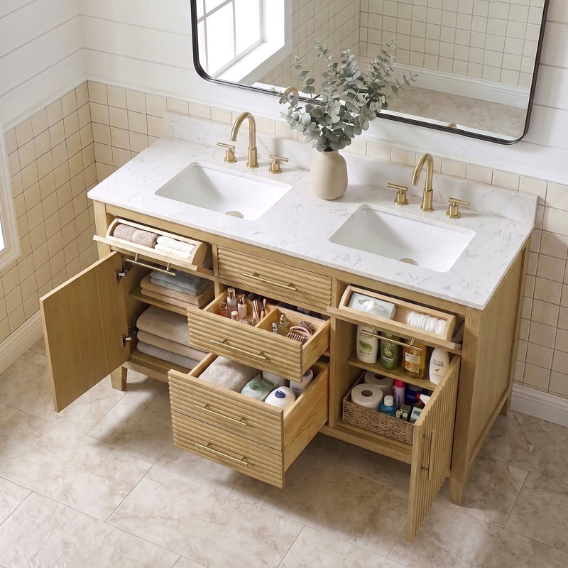 Meuble-lavabo double 55 po avec comptoir en granite blanc Calacatta
