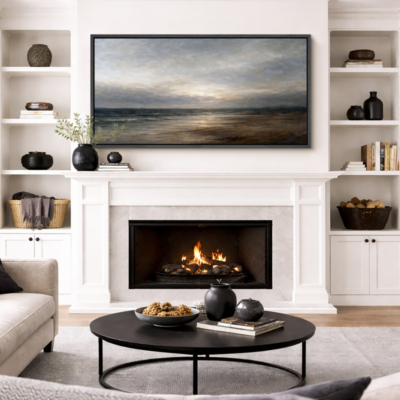 «Moody Beach Sunset Coastal Landscape Neutral Ocean», très grande impression sur toile, H 30 po x l 60 po x P 1,5 po, Noir