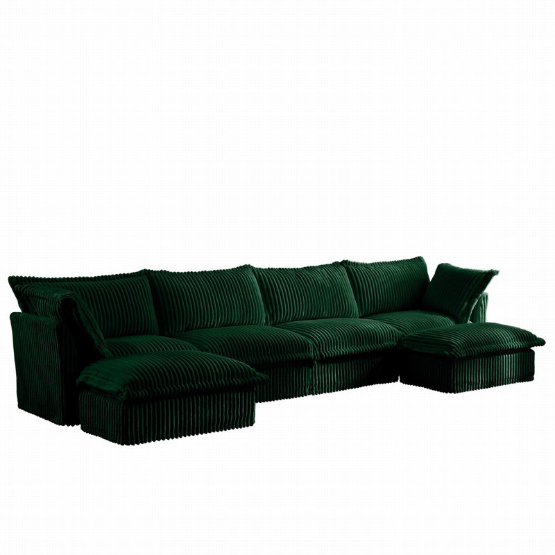Canapé modulaire en U avec 2 repose-pieds Evelyn, Velours côtelé vert, H 34,6 po x l 156,6 po x P 55 po