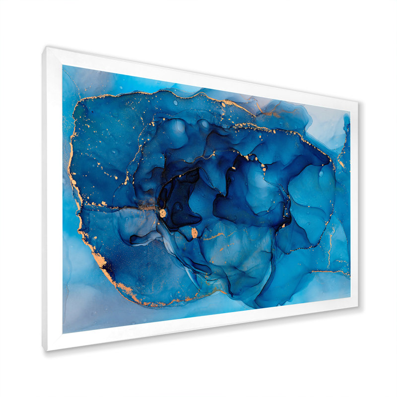 Bleu abstrait luxueux fluide - peinture sur toile, H 12 po x l 20 po x P 1 po, Cadre photo blanc