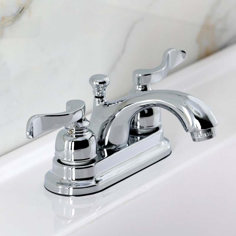 Kingston Brass NuWave French Two-Handle 3-Hole Deck Mount 4" Centerset Bathroom Faucet with Plastic Pop-Up, Polished Chrome