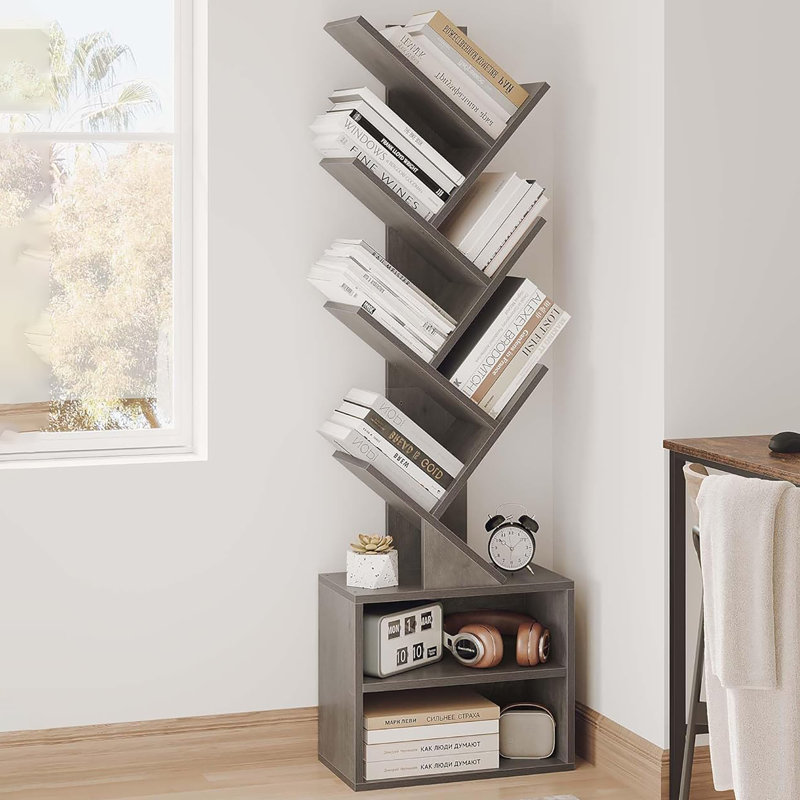 Bibliothèque à 6 niveaux en forme d'arbre avec armoire de rangement, Gris