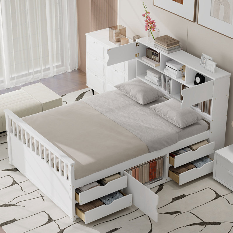 Full Size Platform Bed Frame with Storage Bookcases, Shelves and Four Drawers, White