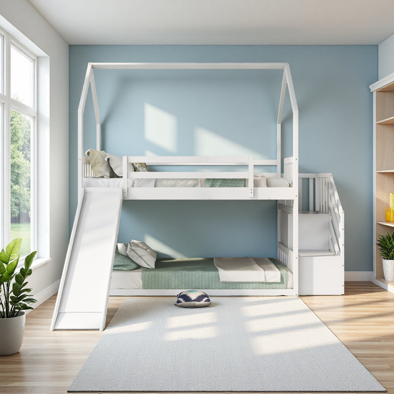 Twin Over Twin House Bunk Bed With Convertible Slide,Storage Staircase Can Be Placed Left Or Right, White