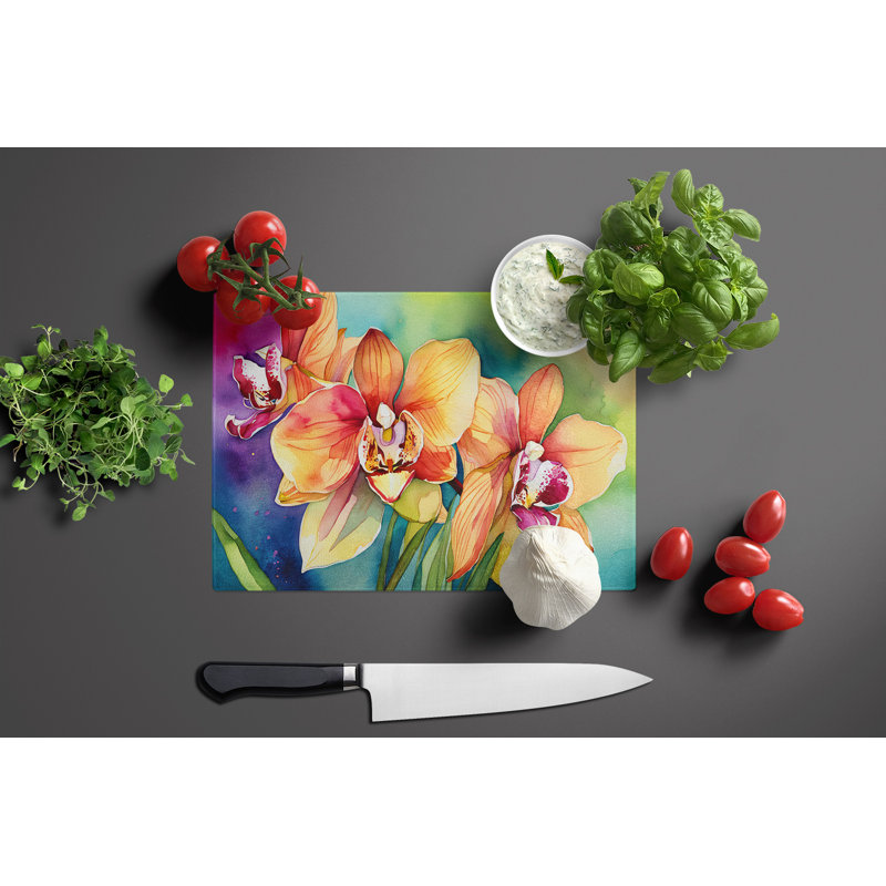 Orchidées dans une grande planche à découper en verre aquarelle