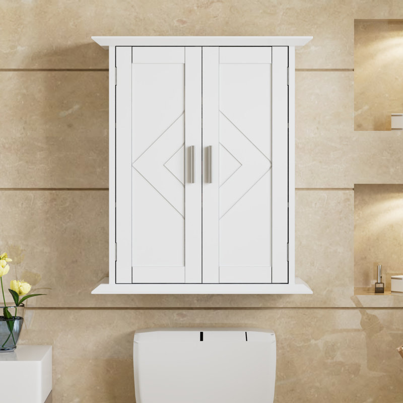 Armoire de salle de bain murale avec deux portes et tablettes réglables, armoire à pharmacie en bois blanc pour rangement au-dessus de la toilette