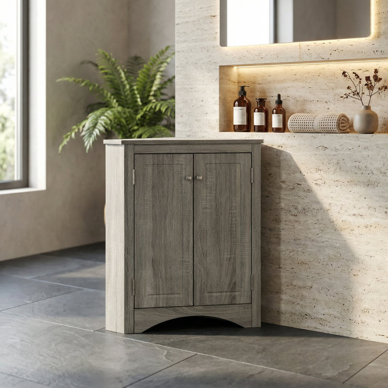 Freestanding Triangle Corner Storage Cabinet with Adjustable Shelves for Bathroom and Kitchen Organization, Brown
