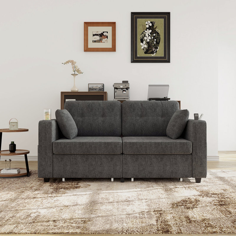Sofas Couch with Storage Space, USB Charging, and Cup Holder for Living Room, Grey Chenille