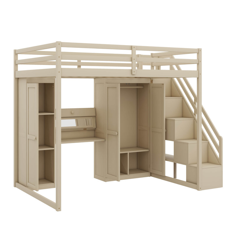 Full Size Loft Bed With Storage Staircase, Integrated Vanity With Mirror & Drawer, Closet & Cabinets, Along With USB Charging And Illumination