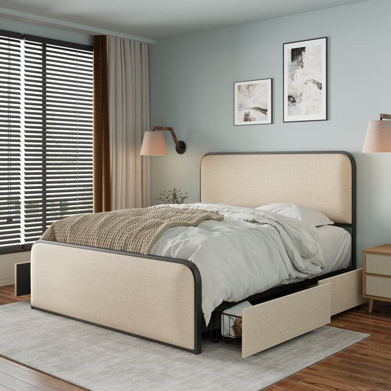 Lit plateforme tapissier, Très grand, Beige / noir, No