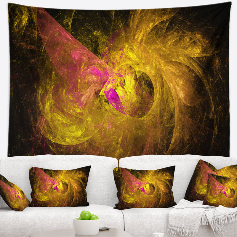 Tapisserie dorée à motif abstrait fractal, H 32 po x l 39 po