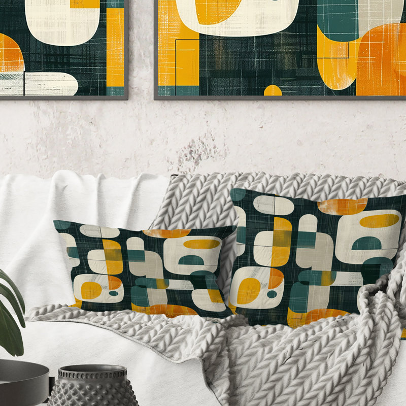 Yellow Green Midcentury Geometric Shapes - Midcentury Colours Soft Line Throw Pillow, 16"H x 16"W