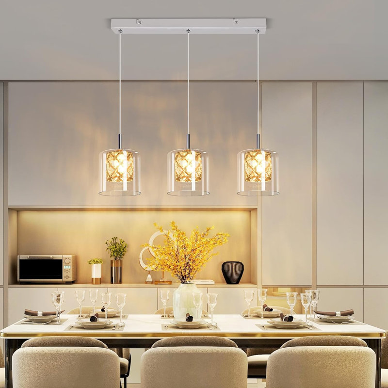 Kitchen Island 3/4- Light Chrome Cylinder Pendant, 3, 140cm H x 40cm W x 5cm D