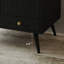 Meuble-lavabo 30 po Mid-Century | Armoire noire texturée, pieds noirs, plateau en faux marbre / noyer foncé, lavabo en céramique, rangement intelligent