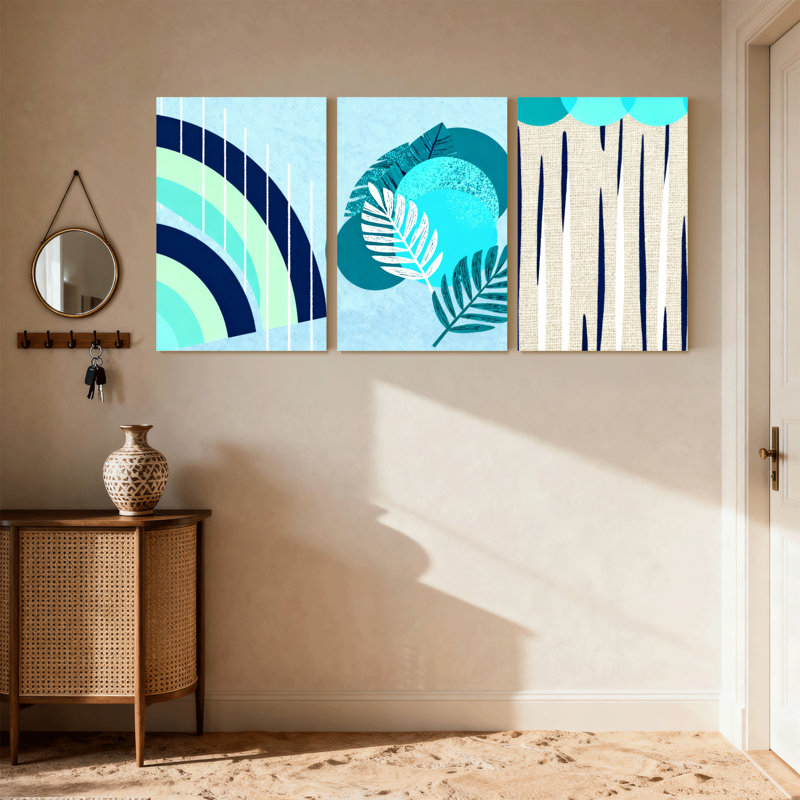 Ensemble de 3 reproductions d'art contemporain sur toile abstraites arc-en-ciel et rayures texturées Boho, H 18 po x l 36 po