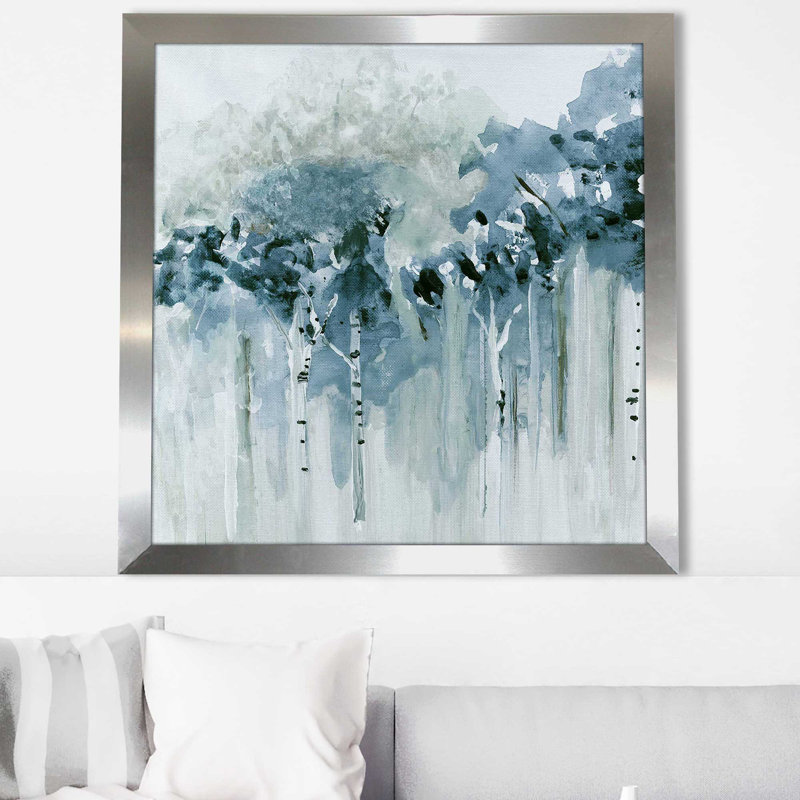 «Blue Birch Morning I» par Susan Jill - Peinture, Encadrement argenté, H 25,5 po x l 25,5 po x P 1 po