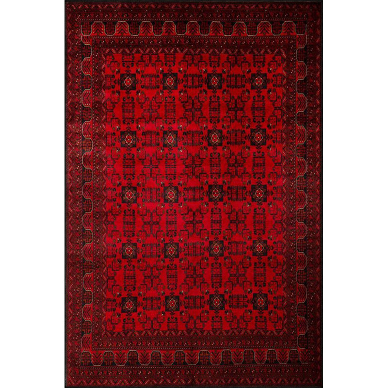 Red Colored Geometric Traditional Knotted Modern Patterned Woven Base And Decorative Carpet, Rectangle 5'2" x 7'7"