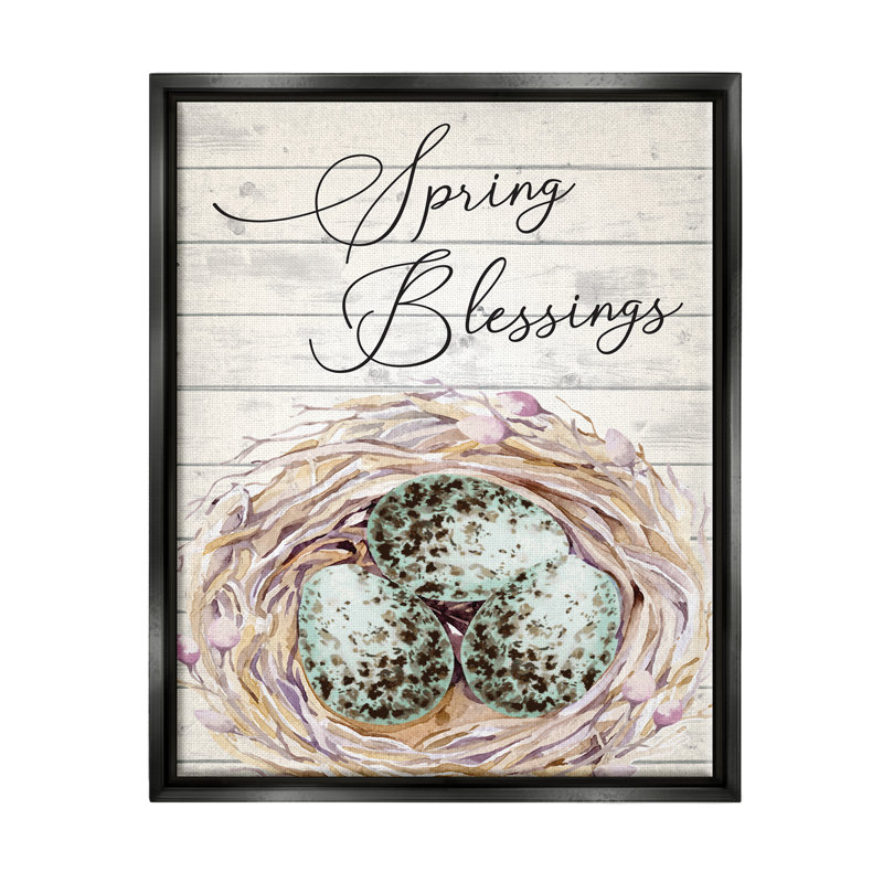 «Spring Blessings Bird Nest Nature Floater», art mural par ND Art, H 31 po x l 25 po x P 1,7 po, Cadre flottant noir de jais
